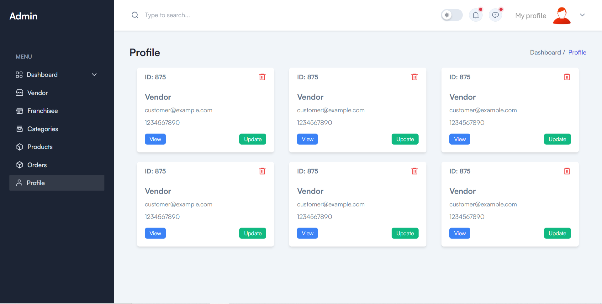 E-commerce admin pane