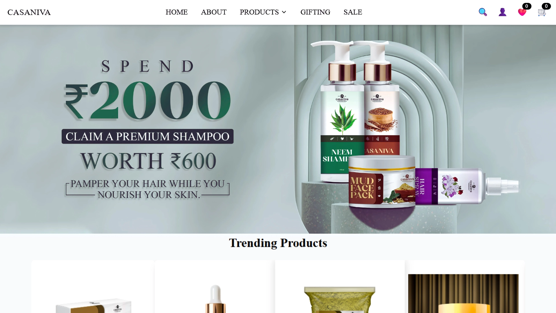Casaniva mobile responsive eCommerce interface showing natural skincare products